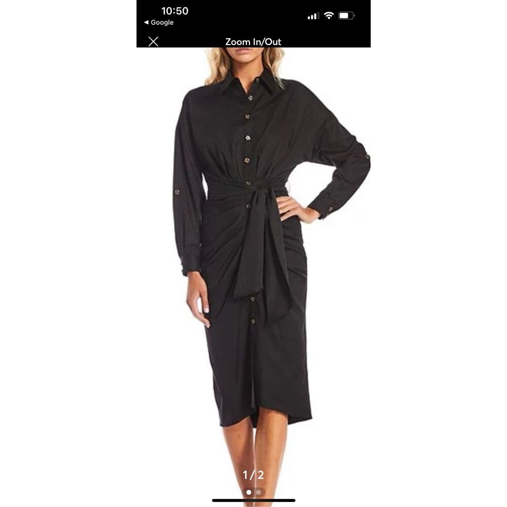 Antonio Melani Roxanne Black Tie Waist Shirt Dress Sz 10 Ruched Pointed Collar